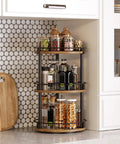 3 Tier Lazy Susan Spice Rack Rotating Turntable Organizer For Cabinet, Countertop And Pantry Spins Smooth Like A Boss With A 360 Degree Spin Rustic Brown And Black Finish SR23BR 10.2 X 10.2 X 18 Inches displaying spices and condiments