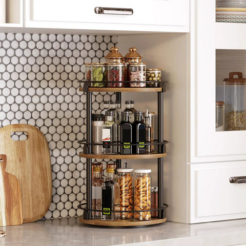 3 Tier Lazy Susan Spice Rack Rotating Turntable Organizer For Cabinet, Countertop And Pantry Spins Smooth Like A Boss With A 360 Degree Spin Rustic Brown And Black Finish SR23BR 10.2 X 10.2 X 18 Inches displaying spices and condiments