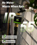 WiFi Hose Timer With Brass Inlet And Outlet No Fuss Setup Smart Sprinkler Controller in rain, attached to wall, IP55 rating shown
