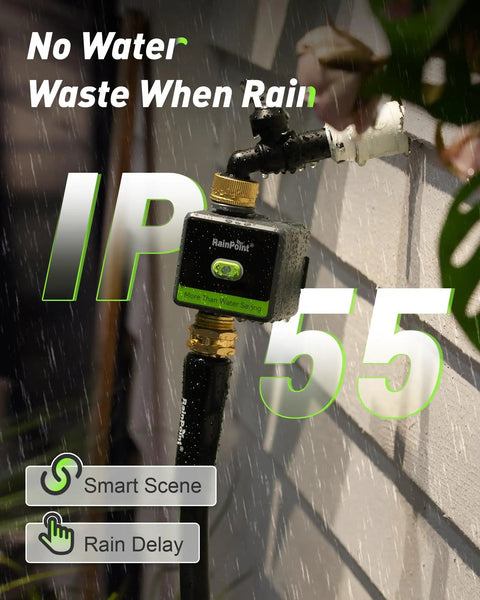 WiFi Hose Timer With Brass Inlet And Outlet No Fuss Setup Smart Sprinkler Controller in rain, attached to wall, IP55 rating shown