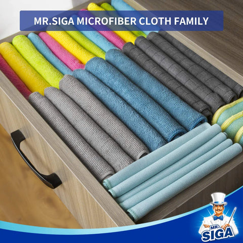 MR.SIGA microfiber cleaning cloths, pack of 12, 12.6 x 12.6 in, assorted colors in a drawer