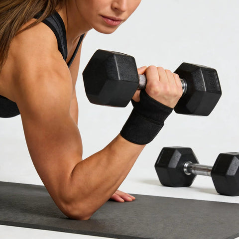 Wrist Support Brace For Sports And Training Neoprene Wrist Wraps With Thumb Loops on arm lifting a dumbbell