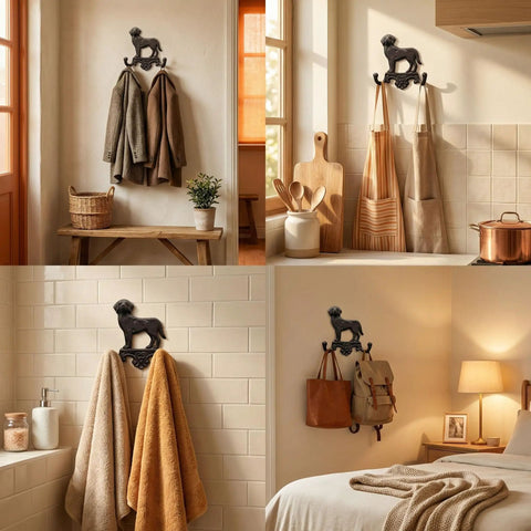 Built Solid Cast Iron Wall Mount Pet Hooks Set Of Two Double Hook Design Rustic Brown Finish Includes All Necessary Screws For Quick Hang Any Spot In The House Or Shed.
