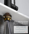 Close-up of Heavy Duty Matte Black Kitchen Sink Faucet Pull Down Sprayer installation with pre-installed hoses and fittings.
