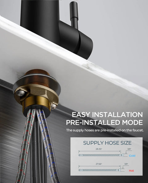 Close-up of Heavy Duty Matte Black Kitchen Sink Faucet Pull Down Sprayer installation with pre-installed hoses and fittings.