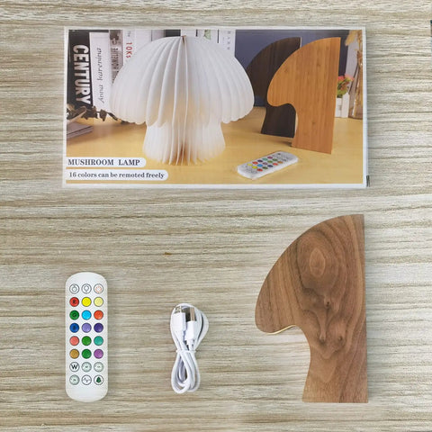 Flat lay of Mushroom Lamp box, walnut parts, remote, and USB with Walnut Finish Mushroom Lamp With White Striped Glass Retro Mid Century Table Light display.
