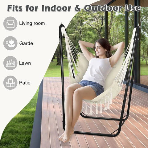 Woman relaxing in U Shaped Stand Hammock Chair With Cotton Swing Seat And Side Pocket on patio