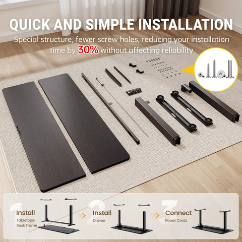 Quick installation kit for 47.2 Inch Standing Desk With Adjustable Height And Wood Top For Home Office And Gaming, unassembled parts on floor.