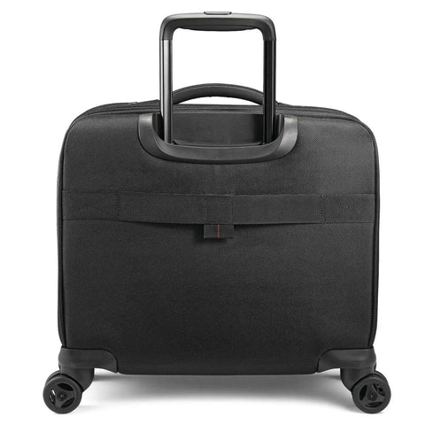Back view of Xenon 3.0 Spinner Mobile Office Black Carry On with four wheels and retractable handle, made from rugged 1680D ballistic polyester.
