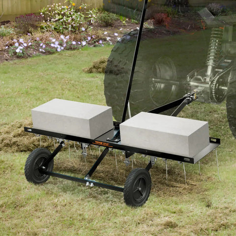 Tow Behind Dethatcher 40 Inch With 20 Spring Steel Tines For ATV Or Mower Lift Handle Lawn Rake on grass