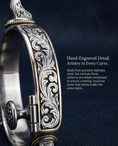 Close-up of stainless steel Western Cowboy Spurs Set With Six Hole Spur Belt, showing detailed hand-engraving and rotatable gear.