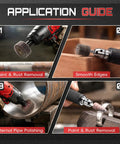 Application guide for Twenty Piece Flap Wheel Sanding Kit With Quarter Inch Drill Shank, showcasing uses for paint removal and smoothing edges.