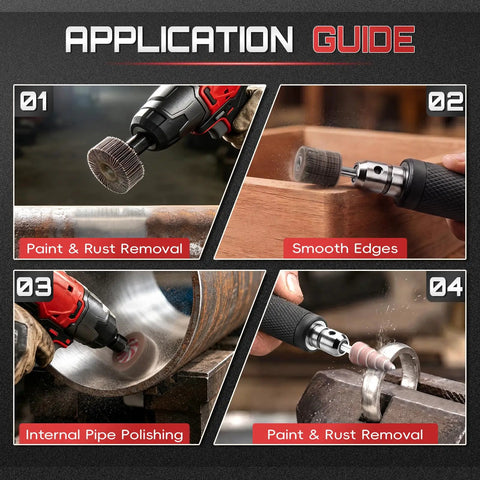 Application guide for Twenty Piece Flap Wheel Sanding Kit With Quarter Inch Drill Shank, showcasing uses for paint removal and smoothing edges.