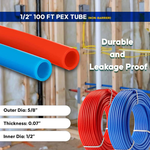 Half Inch PEX B Tubing Dual 50 Ft Rolls In Blue And Red For Plumbing And Radiant Floor Heating No Fuss Non-Barrier Type B Pipe