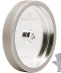 6 Inch CBN Grinding Wheel, 180 Grit, 1 Inch Wide, 1/2 Inch Arbor, shown with protective glove
