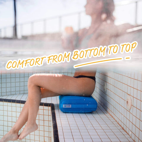 Inflatable Hot Tub Booster Seat With Non Slip Micro Dot Bottom, 5 Inch Lift, 15 X 12 X 5 Inch Size in use by poolside.