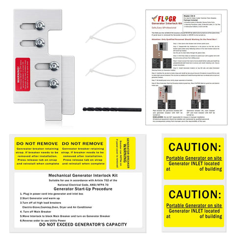 Generator Interlock Kit For CH Series Vertical Throw Panels 150 And 200 Amp, installation components and safety labels.