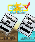 Left Arrow Directional Shipping And Receiving Sign Outdoor Durable Black On White With Mounting Holes Rust Resistant Rounded Corners 10 By 14 Inches Heavy Duty, waterproof and dust proof