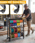 Heavy Duty 8 Rod Wire Spool Rack With Easy Glide Locking Casters And Solid As A Rock 400 Lb Capacity Adjustable Stainless Steel Cable Dispenser Mobile Cart with colorful spools in a workshop.