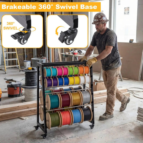 Heavy Duty 8 Rod Wire Spool Rack With Easy Glide Locking Casters And Solid As A Rock 400 Lb Capacity Adjustable Stainless Steel Cable Dispenser Mobile Cart with colorful spools in a workshop.