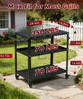 Outdoor Grill Cart Table with 4 lockable casters, side handle, hooks, spice caddy, kitchen stand for patio use, 28.4L x 16.6W