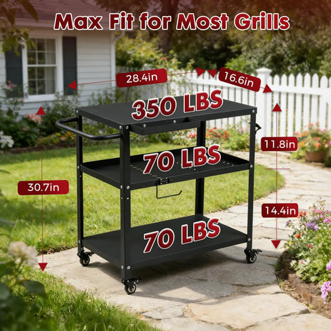 Outdoor Grill Cart Table with 4 lockable casters, side handle, hooks, spice caddy, kitchen stand for patio use, 28.4L x 16.6W