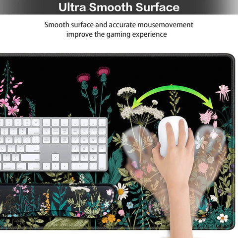 Close-up of Huge 4-In-1 XXL Desk Pad Set with Keyboard Wrist Pad and Floral Design, used in home office for gaming