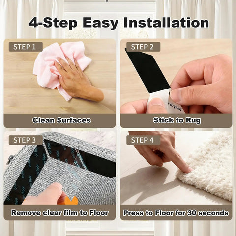 4-step installation of 14 Pack Rug Grippers Set With Triangle Trapezoid And Square Shapes Non Slip Double Sided Rug Tape on floor