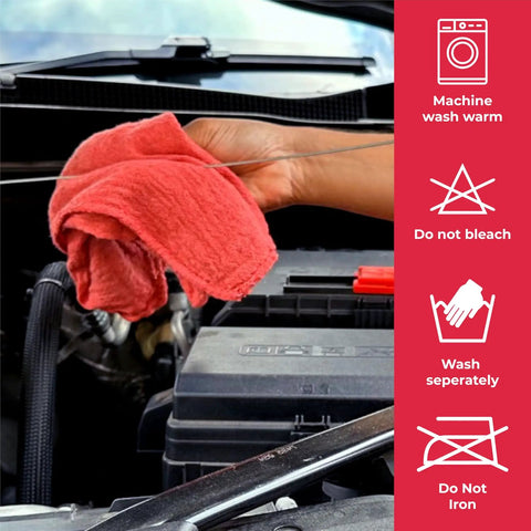 Red Cotton Shop Towels Pack Of Fifty Rags For Heavy Duty Cleaning Durable 100 Percent Cotton Cloths used on car engine