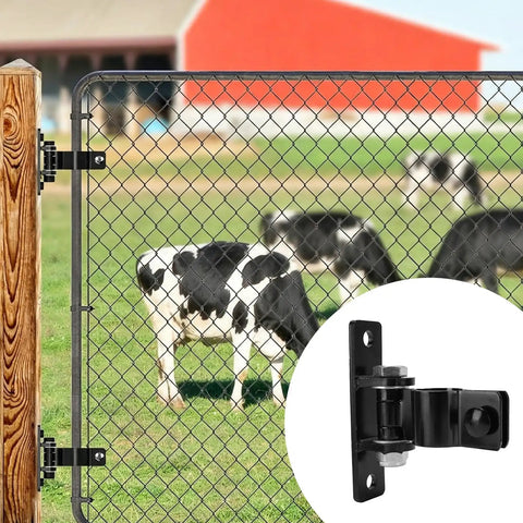 Built Like A Tank Heavy Duty Gate Hinges With Secure Removable Bolt System on a chain link fence with cows in the background.
