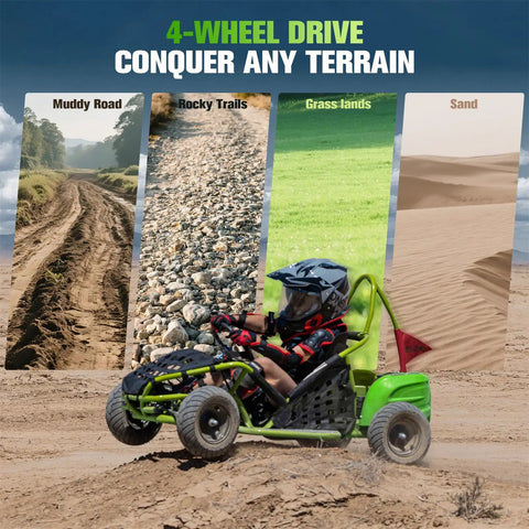 Hardcore Electric Go Kart With 1000W Brushless Motor, 48V Battery, steel tubular frame on rocky terrain, 13 inch all terrain tires