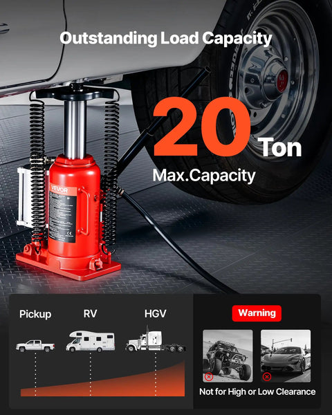 Image of 20 Ton Air Hydraulic Bottle Jack with pneumatic and manual operation lifting a vehicle, highlighting 20-ton capacity.