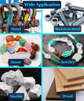 Wide application of materials including metal, stone, marble, jewelry, and wood for various uses.