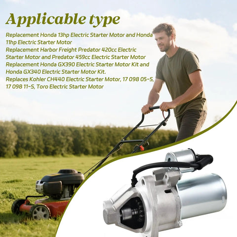 Electric Starter Motor For Honda GX340 GX390 And Predator 420cc OEM 60340 60349 69736 12T CW Starter with man using mower