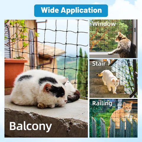 Cats behind Cat Balcony Netting For Pets 10x20 Feet Steel Wire Reinforced Screen on balcony, window, and stairs.