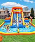 Giant Backyard Water Park With Tall Dual Slides, Climbing Walls, Splash Pool, Tunnel, Water Cannon And Sprayer, Two Basketball Hoops