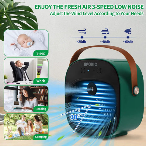 Rechargeable Portable Personal Air Cooler With 5200mAh Battery, 3 Speeds, fan blowing cool air, uses in sleep, work, reading, camping