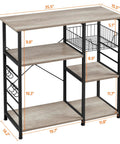Sturdy Kitchen Bakers Rack With Wire Basket And Six S Shaped Hooks, Utility Storage Shelf, 33 Inch High, Gray