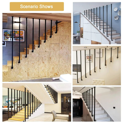 Heavy Duty Wrought Iron Stair Handrail With L Shaped Bracket Rock Solid Galvanized Steel Staircase Railing visible in various home settings.