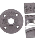 Four Piece Malleable Iron Floor Flange Fittings For Furniture Shelving Decor Industrial Style Clothing Racks Table Legs And Home Design Projects Ideal For DIY Builds And Creative Furnishings, detailed close-up with engravings