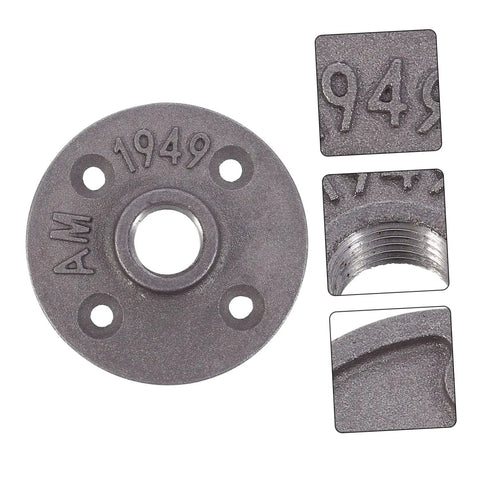 Four Piece Malleable Iron Floor Flange Fittings For Furniture Shelving Decor Industrial Style Clothing Racks Table Legs And Home Design Projects Ideal For DIY Builds And Creative Furnishings, detailed close-up with engravings