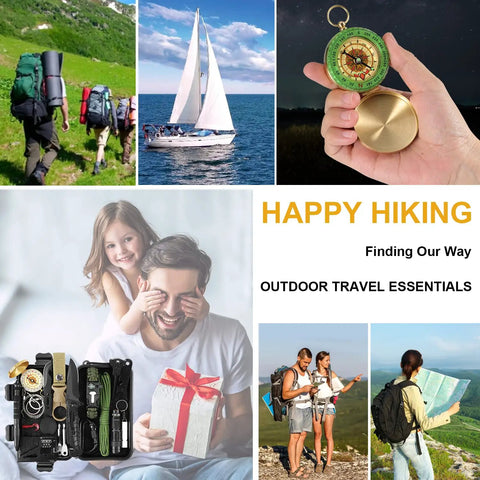Collage of outdoor activities with 19 In 1 Survival Gear Kit for Men Dad Husband Emergency Tools Camping Accessories