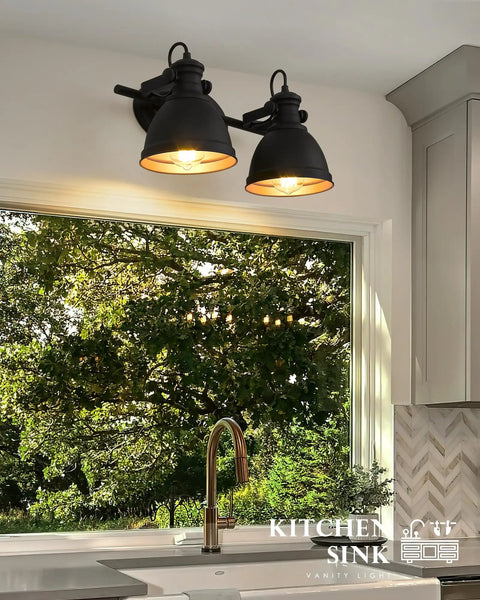 Industrial Style Bathroom Vanity Lights Two Light Wall Sconce Mounted Over Mirror Black Metal Frame Fixture That Brings Killer Industrial Ambiance To Your Space And Can Be Installed Up Or Down For Maximum Versatility And Style in a kitchen setting.