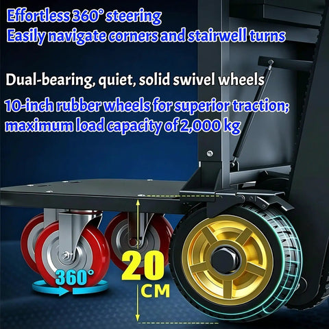 Motorized Stair Climbing Cart With Heavy Duty Foldable Electric Dolly Smart Brake And Smooth 300kg Carrying Capacity Plus 25mm Tracks, featuring 10-inch rubber wheels and 360° steering.
