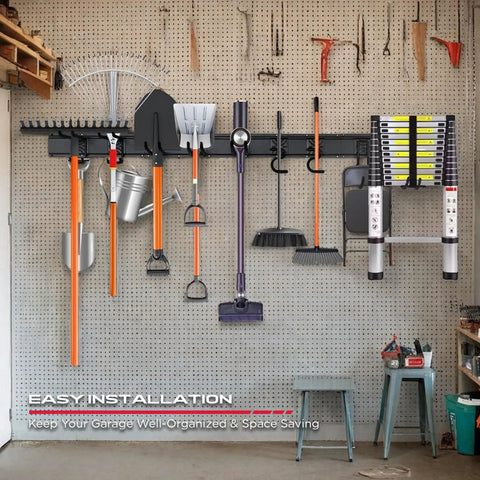 64 Inch Beast Of A Heavy Duty Garage Tool Organizer Wall Mount Rack System With Adjustable Hooks Anti Rust Alloy Steel 300 Lbs Capacity Easy Install Includes 4 Racks 10 Hooks 3 Straps holding tools in garage