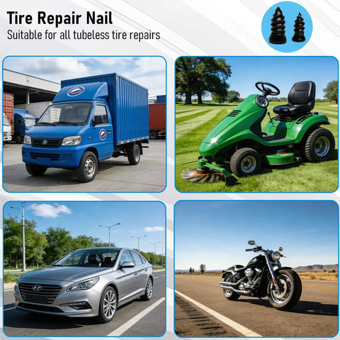 Sixty Piece Heavy Duty Tubeless Tire Repair Kit With Slick Rubber Nails And Quick Cure Glue For Instant Puncture Fix and images of vehicles.