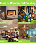 Collage showing living room, indoor playground, classroom, and office spaces for home or commercial buildings.