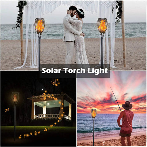 Solar Flame Torch Lights 4 Pack With Flickering Flame Waterproof Solar Pathway Lights For Garden Decor on beach and garden