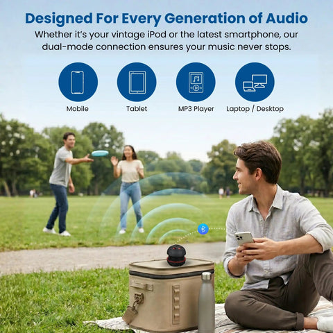 Person using Ultra Portable Tiny But Mighty Mini Bluetooth Speaker With 3.5mm Aux Input Built In Mic next to picnic bag