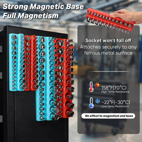 Magnetic Socket Holder Set 4-Piece Drive Organizer For 1/4 And 3/8 Inch SAE And Metric Sockets on magnetic base, showing temperature resistance.